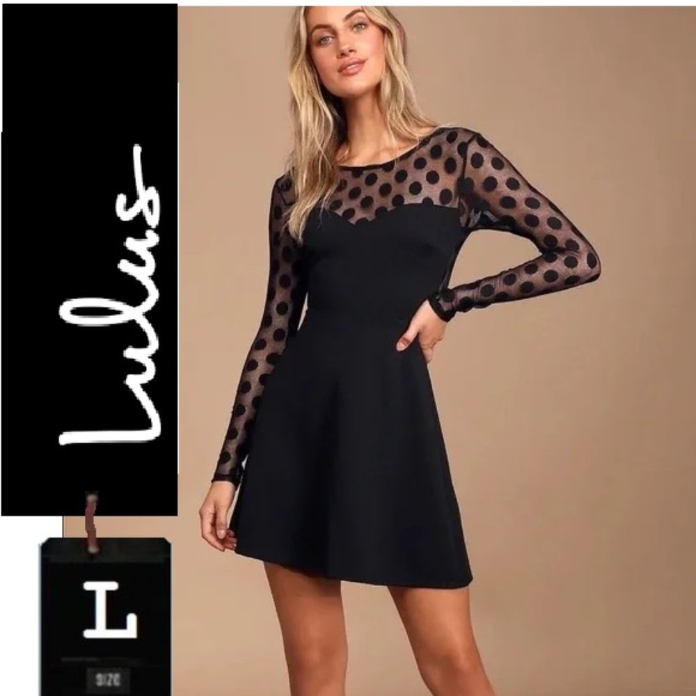 💖2/$20 Lulu’s Hot Dot-ter Long Sleeve Black Dress, size large, polka dot sheer